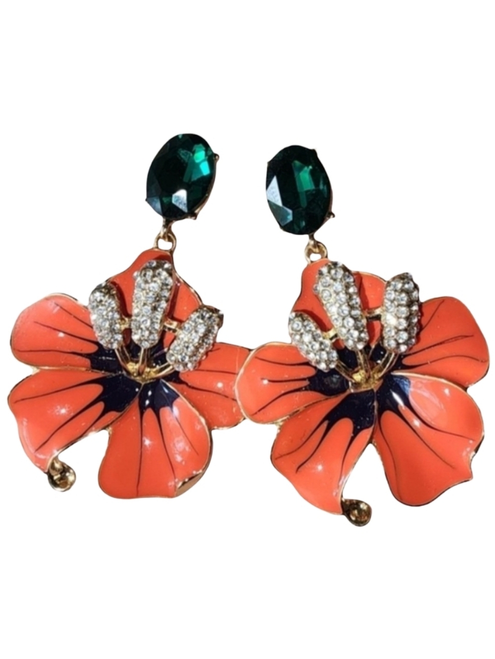 EYE CANDY LA Coral Hibiscus Drop Earrings W/ Glass Emerald-Style Studs-Jewelry
